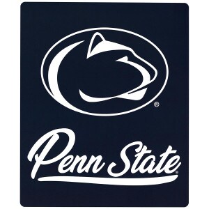 navy fleece blanket with white Athletic Logo above script Penn State